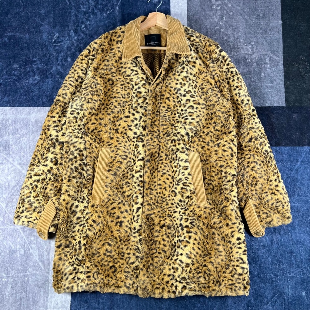 Fried Rice New York Leopard Faux Fur Coat Mens Medium Tan Corduroy Trim Longline